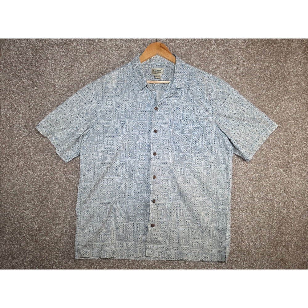 LL Bean Mens Blue Geometric Tile Print Cotton Short Sleeve Button Down Shirt M - Picture 2 of 6